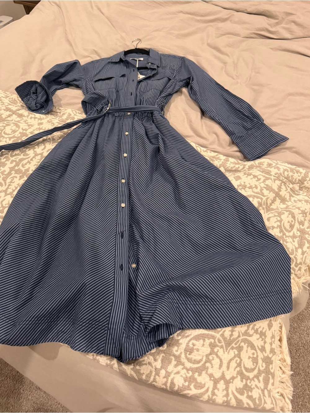Striped Navy Long-Sleeve Shirt Dress with Tie Belt
